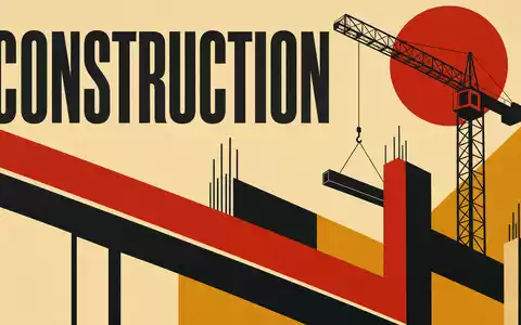 Balfour Beatty plc (ISIN GB0002422382) inspiriert ein Bauhaus-Poster mit Kran, Baugerüst und großem Schriftzug CONSTRUCTION - Foto: THN