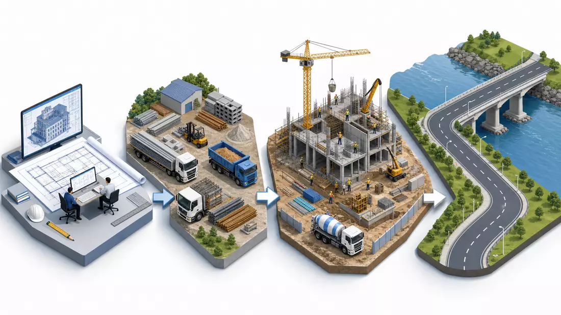 Isometrische 3D-Illustration der Wertschöpfungskette von Planung bis fertiger Brücke