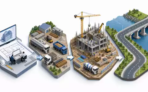Balfour Beatty plc (ISIN GB0002422382) veranschaulicht isometrisch die Wertschöpfungskette von Planung, Baustelle und fertiger Brücke - Foto: THN
