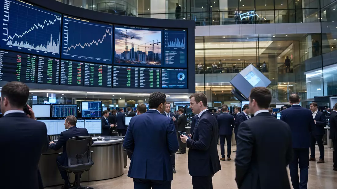 Editorialfoto eines Trading-Floors mit Bildschirmen für Bau- und Infrastruktur-Aktienindizes