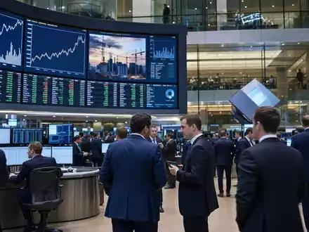 Balfour Beatty plc (ISIN GB0002422382) zeigt editorialartig einen Londoner Trading-Floor mit Bau- und Infrastruktur-Sektorcharts - Foto: THN