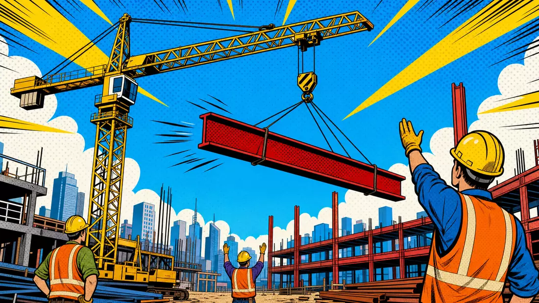 Pop-Art-Comic-Illustration eines Baukrans mit Stahlträger über einer Baustelle