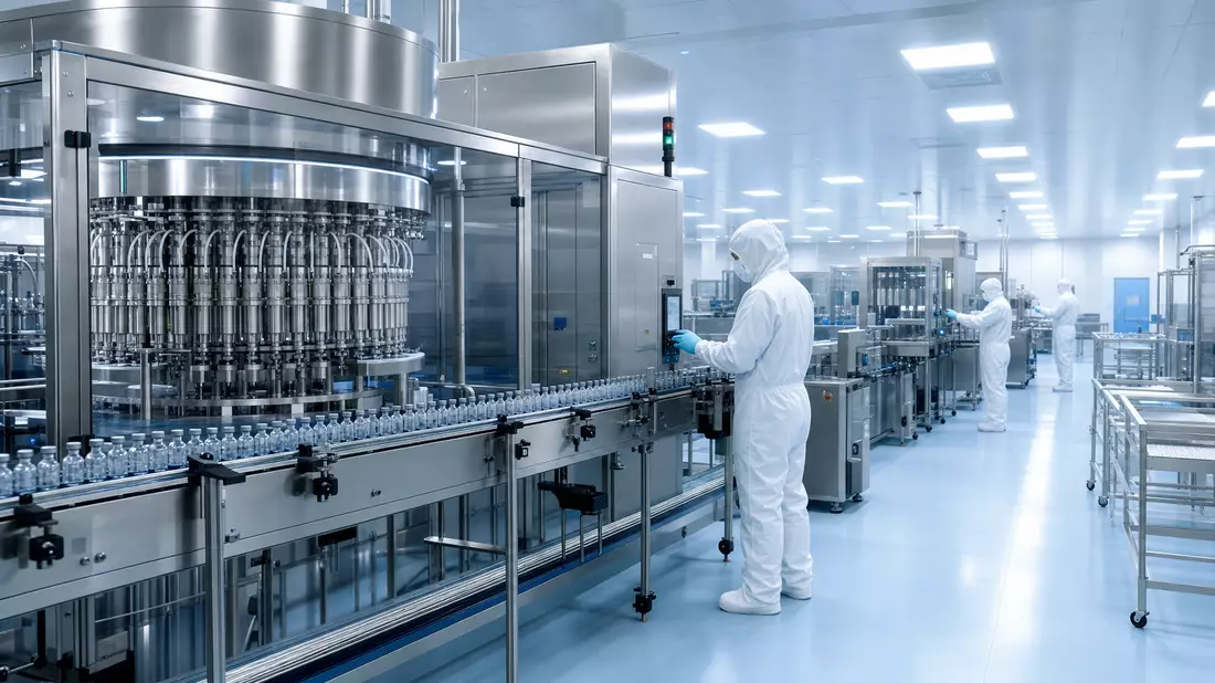 Fotorealistische sterile Pharma-Produktionslinie mit Injektionsfläschchen und Edelstahlanlagen