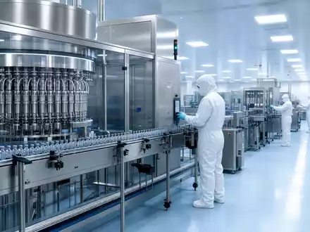 Hikma Pharmaceuticals PLC GB00B128J450 zeigt moderne Injektions-Produktionslinie in sterilem Pharmawerk mit Edelstahlanlagen - Foto: THN
