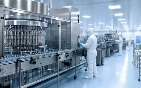 Hikma Pharmaceuticals PLC GB00B128J450 zeigt moderne Injektions-Produktionslinie in sterilem Pharmawerk mit Edelstahlanlagen - Foto: THN