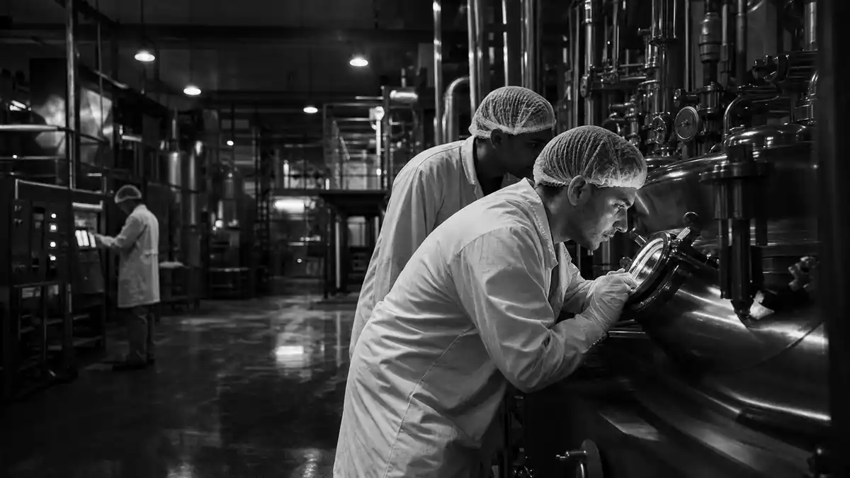 Schwarzweiße dokumentarische Aufnahme von Fabrikarbeitern in Pharma-Produktionshalle