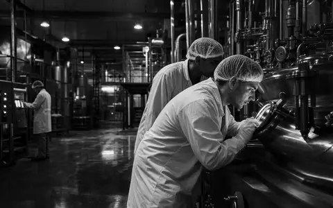 Hikma Pharmaceuticals PLC GB00B128J450 dokumentiert schwarzweiße Reportage über Arbeiter in Pharma-Fabrikhalle bei Nachtschicht - Foto: THN