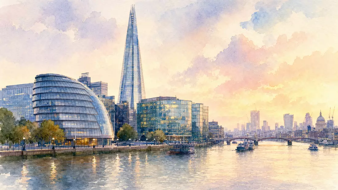 Aquarellmalerei eines Bürogebäudes in London bei sanftem Morgenlicht