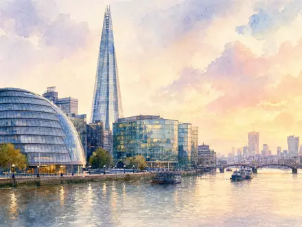 Hikma Pharmaceuticals PLC GB00B128J450 präsentiert Londoner Firmensitz als zarte Aquarell-Illustration bei sanftem Morgenlicht - Foto: THN