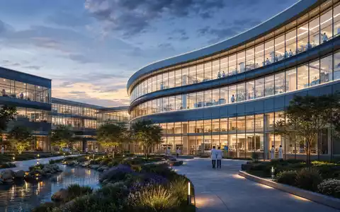 Hikma Pharmaceuticals PLC GB00B128J450 zeigt futuristisches Architektur-Render eines gläsernen Pharma-Forschungszentrums bei Dämmerung - Foto: THN