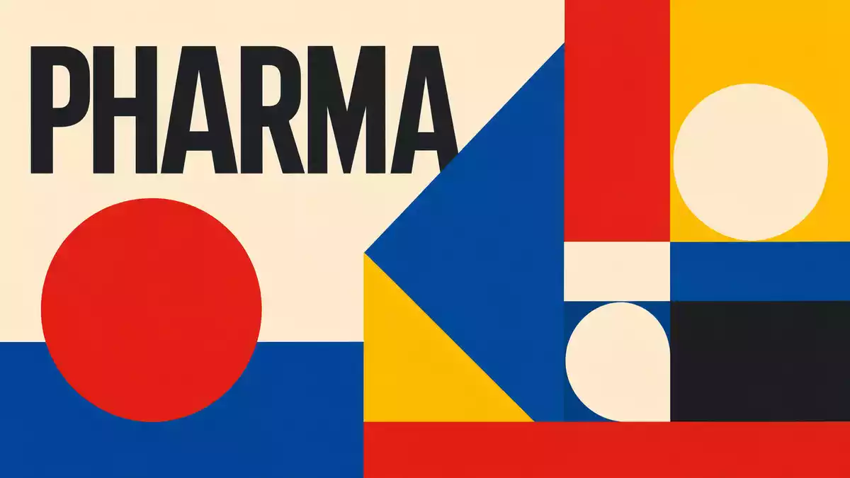 Geometrisches Bauhaus-Poster mit Sektor-Kürzel PHARMA in kräftigen Grundfarben