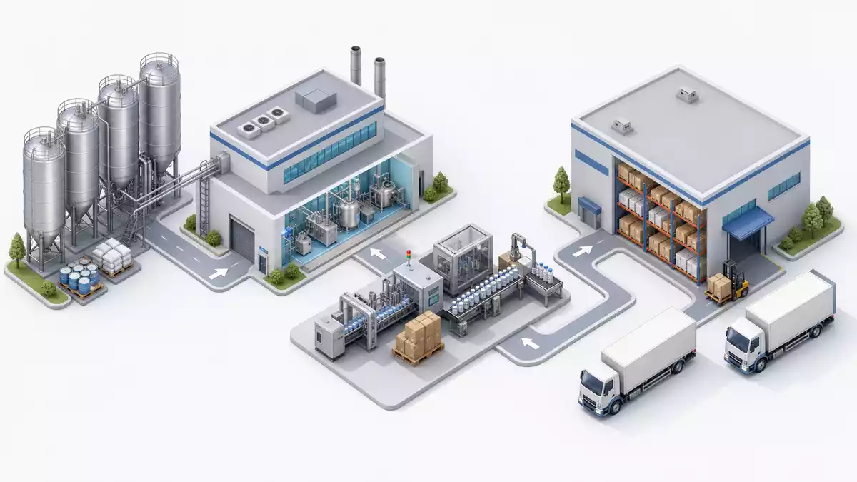 Isometrisches 3D-Diagramm der pharmazeutischen Wertschöpfungskette mit Fabrik und Lager