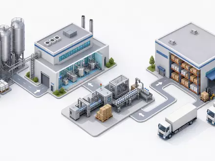 Hikma Pharmaceuticals PLC GB00B128J450 illustriert isometrisches 3D-Diagramm der pharmazeutischen Wertschöpfungskette von Rohstoff bis Vertrieb - Foto: THN