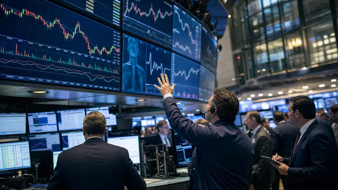 Editorial-Aufnahme eines Trading-Floors mit Kursdiagrammen der Pharmabranche