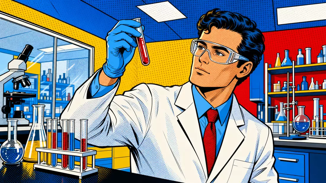 Farbenfrohe Pop-Art-Comic-Illustration eines Wissenschaftlers im Pharmalabor