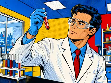 Hikma Pharmaceuticals PLC GB00B128J450 verwandelt sich in farbenfrohe Pop-Art-Comic-Szene mit Wissenschaftler im Pharmalabor - Foto: THN