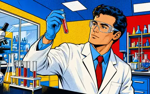 Hikma Pharmaceuticals PLC GB00B128J450 verwandelt sich in farbenfrohe Pop-Art-Comic-Szene mit Wissenschaftler im Pharmalabor - Foto: THN