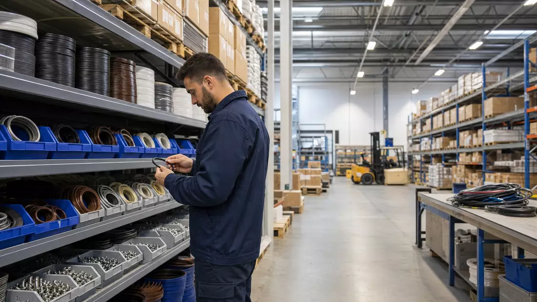Fotorealistisches Industrielager mit Techniker bei Qualitätsprüfung von Dichtungen und Kabelteilen