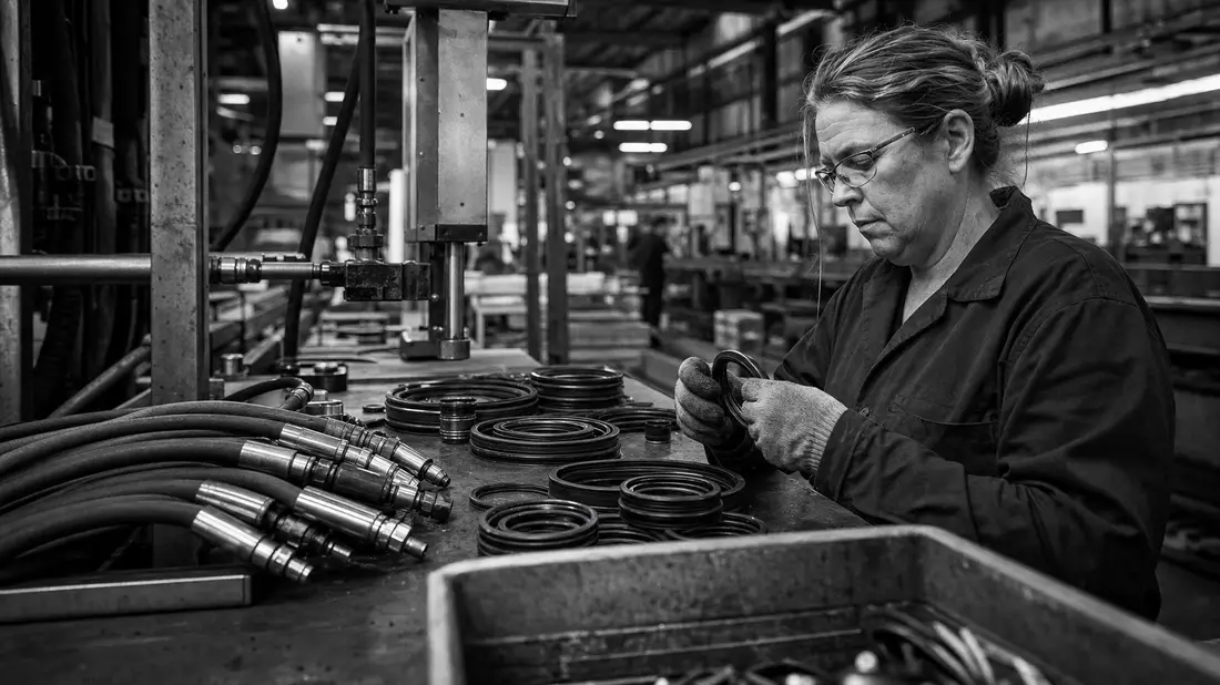 Schwarzweiß-Reportage einer Fabrikarbeiterin bei der Kontrolle von Hydraulikdichtungen