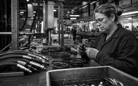 Diploma PLC GB0001820412 dokumentiert Schwarzweiß-Reportage einer Fabrikarbeiterin die Hydraulikdichtungen und Industrieschläuche sorgfältig kontrolliert - Foto: THN