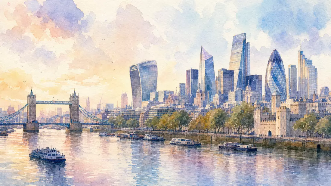 Aquarell der Londoner Skyline mit Finanzdistrikt-Türmen entlang der Themse