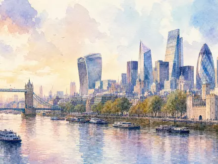 Diploma PLC GB0001820412 präsentiert Aquarell-Ansicht der Londoner Skyline mit Finanzdistrikt-Türmen entlang der Themse - Foto: THN