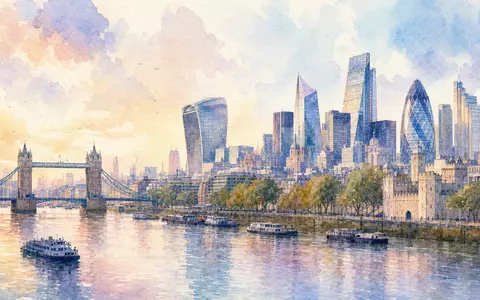 Diploma PLC GB0001820412 präsentiert Aquarell-Ansicht der Londoner Skyline mit Finanzdistrikt-Türmen entlang der Themse - Foto: THN