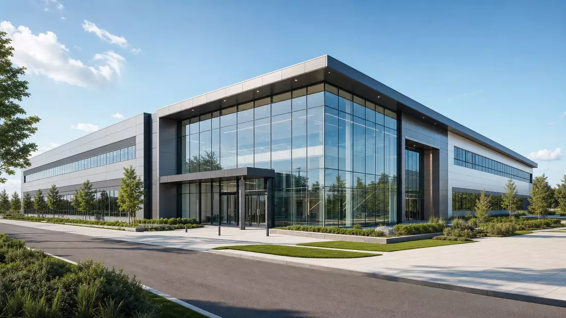 Architektur-Render eines modernen Technologie-Firmensitzes mit Glasfassade