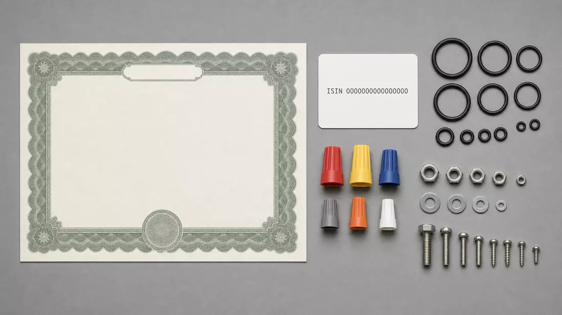 Flatlay mit Aktienzertifikat, ISIN-Karte und industriellen Dichtungsteilen