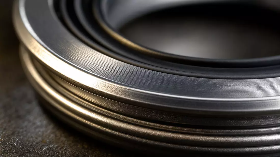 Makroaufnahme eines metallischen Hydraulikdichtungsrings mit feinen Rillen