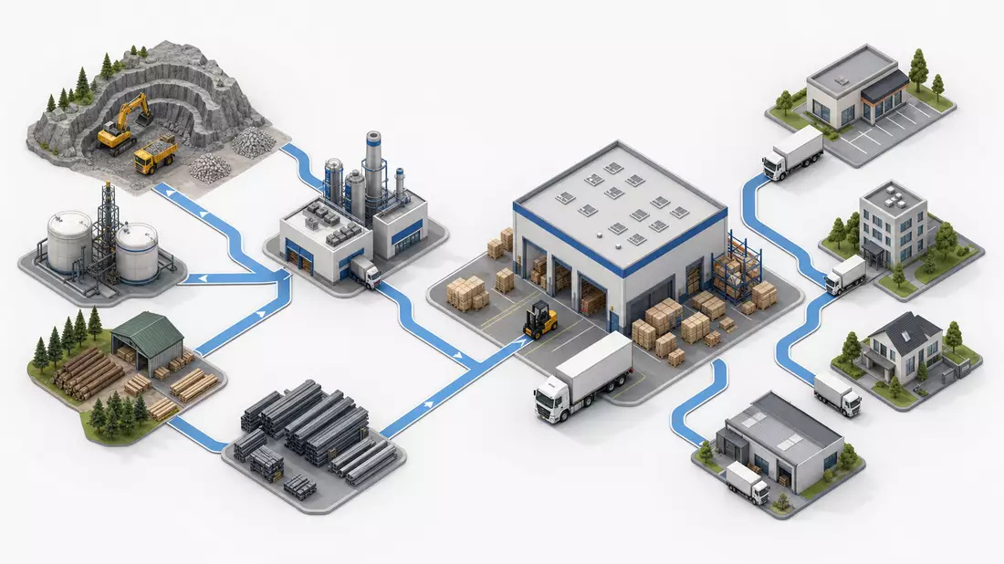 Isometrische 3D-Illustration einer industriellen Lieferkette und Distribution