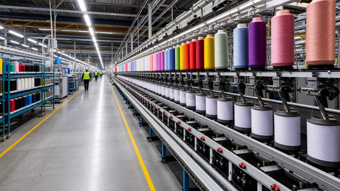 Fotorealistische Innenansicht einer industriellen Nähfaden-Fabrikhalle mit bunten Spulen