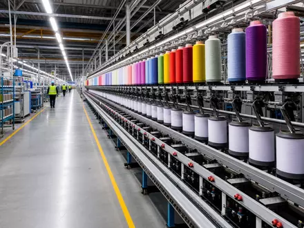 Coats Group plc GB0002335270 zeigt fotorealistische Fadenfabrik mit farbigen Spulen in großer moderner Produktionshalle - Foto: THN