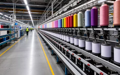 Coats Group plc GB0002335270 zeigt fotorealistische Fadenfabrik mit farbigen Spulen in großer moderner Produktionshalle - Foto: THN