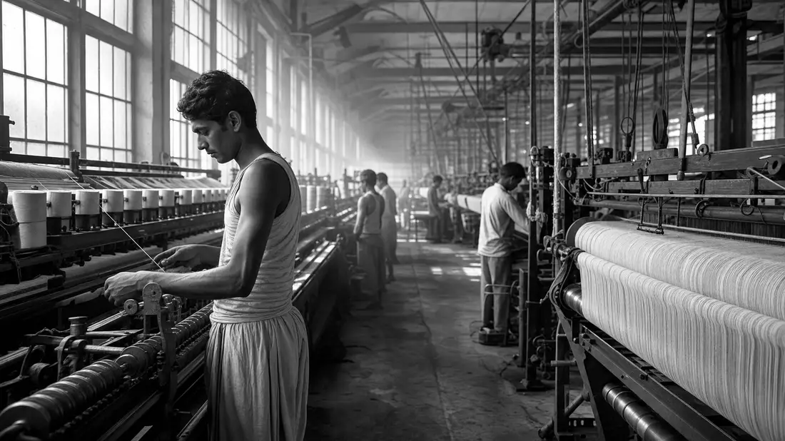 Schwarzweiß-Dokumentarfoto von Arbeitern an Webmaschinen in einer Textilfabrik