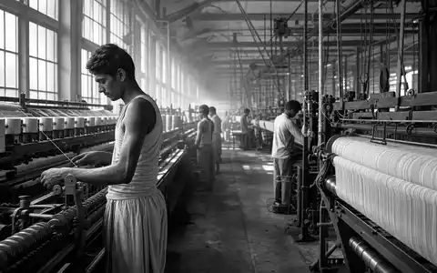 Coats Group plc GB0002335270 dokumentiert SchwarzweiĂ-Reportage einer historischen Textilfabrik mit arbeitenden Menschen an Maschinen - Foto: THN