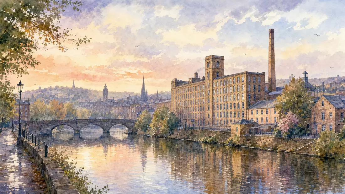 Aquarellmalerei einer britischen Stadtlandschaft mit altem Textilfabrikgebäude am Fluss