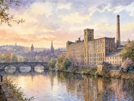 Coats Group plc GB0002335270 prÀsentiert Aquarellbild einer britischen Industriestadt mit historischem TextilgebÀude am Flussufer - Foto: THN