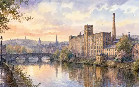 Coats Group plc GB0002335270 prÀsentiert Aquarellbild einer britischen Industriestadt mit historischem TextilgebÀude am Flussufer - Foto: THN