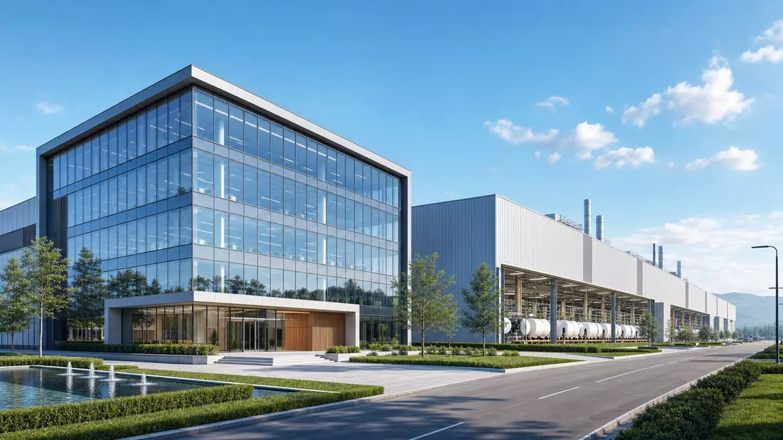 Architektonisches Render einer modernen Firmenzentrale neben einer Textilproduktionsanlage