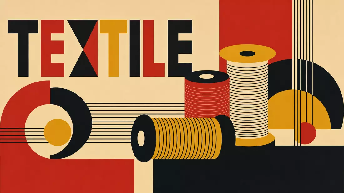 Geometrisches Bauhaus-Poster mit stilisierten Fadenspulen und Textilbezug
