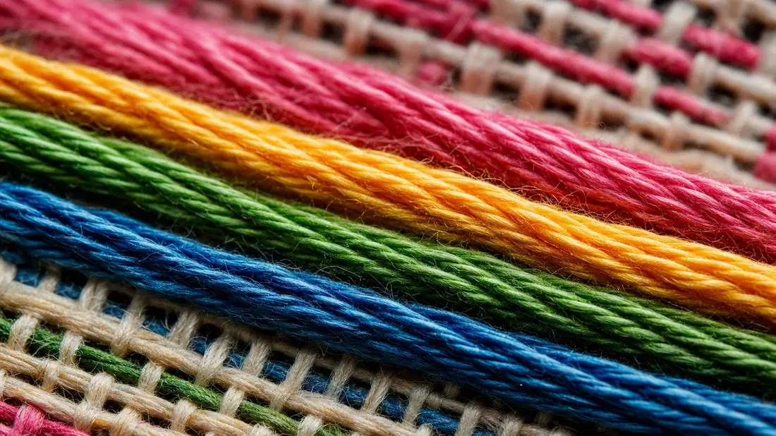 Makrofotografie von bunten Nähfadenfasern und feiner Gewebestruktur in Nahaufnahme