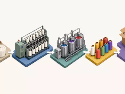 Coats Group plc GB0002335270 skizziert isometrische Wertschöpfungskette von Rohfaser bis fertiger Fadenverpackung im Diagramm - Foto: THN