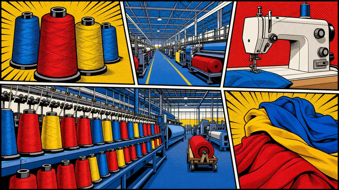 Pop-Art-Comic-Illustration einer Textilfabrikszene mit Fadenspulen und Nähmaschine