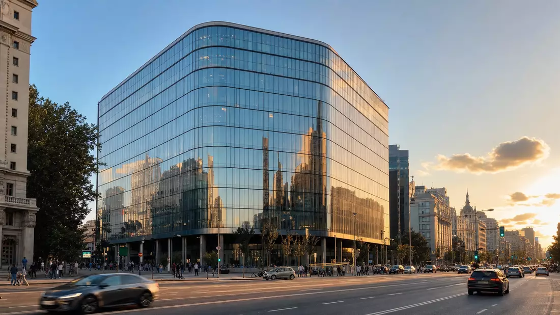 Modernes Glas-Bürogebäude einer Bank in Madrid bei Sonnenuntergang, symbolisch für Bankinter S.A
