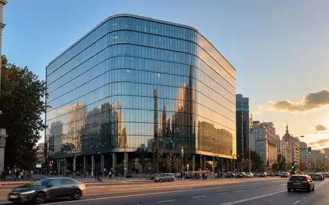 Fotorealistisches Bankgebäude bei Sonnenuntergang symbolisiert Bankinter S.A. (ISIN ES0113679137), moderner Bankensitz in Madrid - Foto: THN