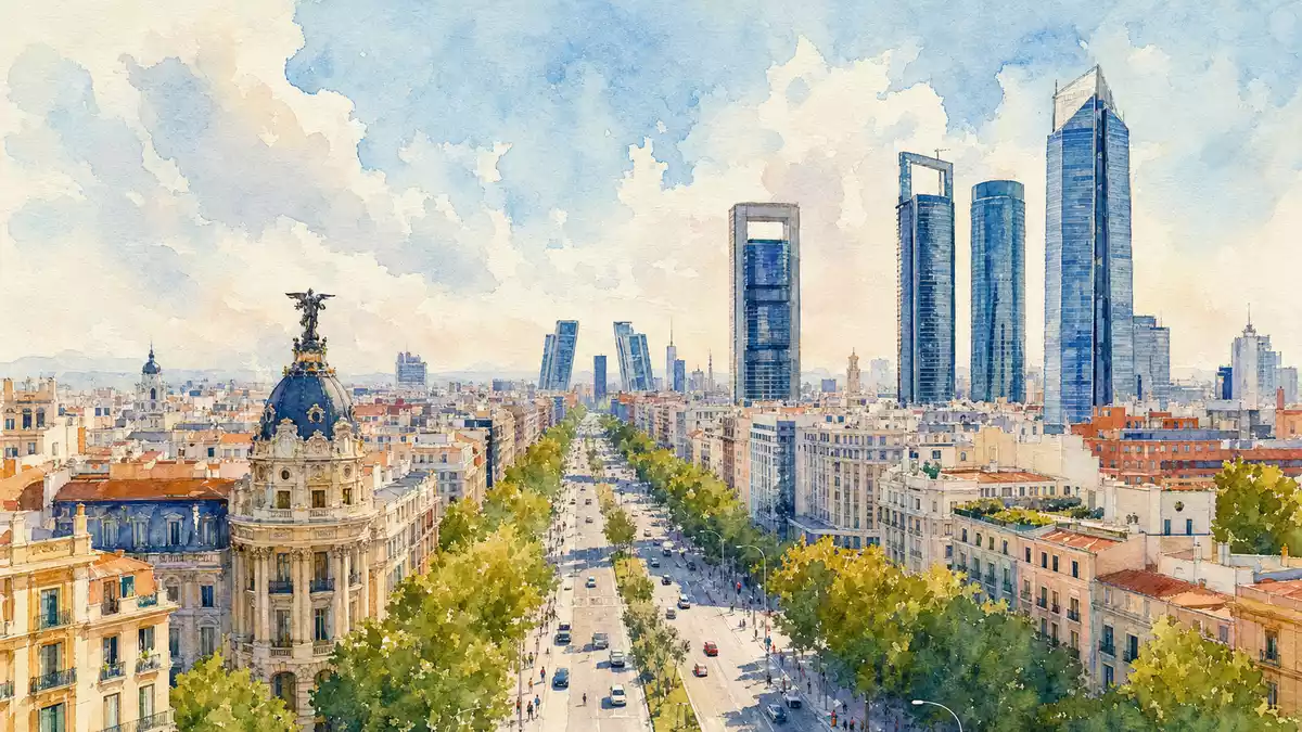 Aquarellmalerei der Madrider Skyline entlang der Castellana, sinnbildlich für den Bankensitz Bankinter S.A