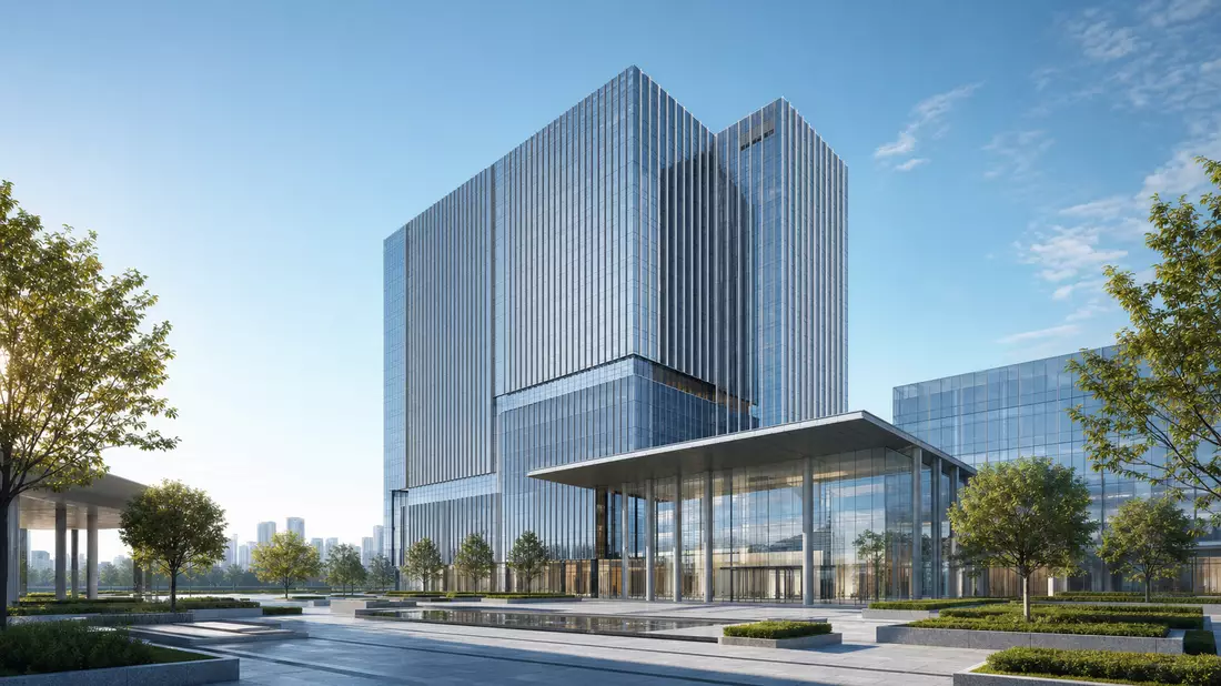 3D-Architekturrender eines modernen Glas-Hochhauses, sinnbildlich für den Firmensitz von Bankinter S.A
