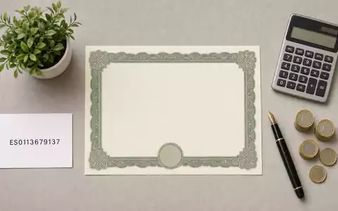 Flatlay mit Aktienzertifikat und ISIN-Karte ES0113679137 repräsentiert eine Investition in Bankinter S.A., ergänzt durch Münzen - Foto: THN