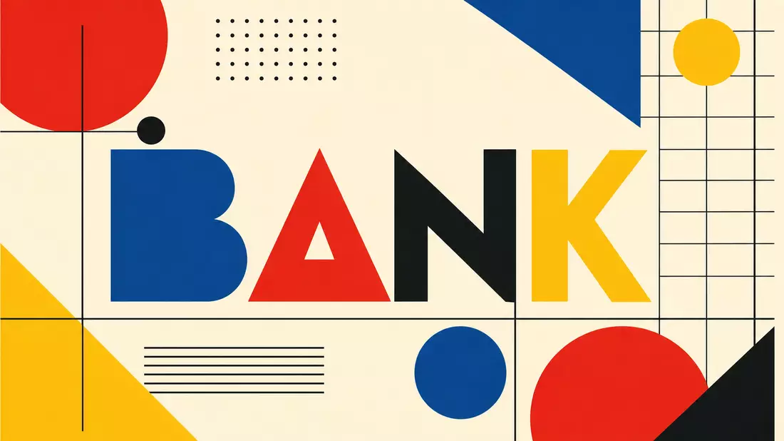 Bauhaus-inspiriertes Poster mit geometrischen Formen und dem Schriftzug BANK, sinnbildlich für Bankinter S.A